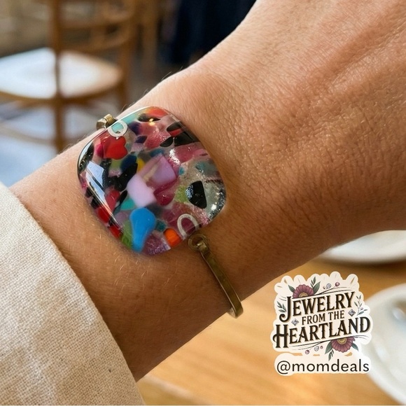 JFH Jewelry - Millefiori Colorful Abstract Fuse Glass Hinge Bangle CuffBracelet Square Vintage